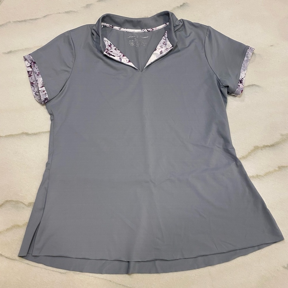Denise Cronwall Cap Sleeve Collar Top‎ in Grey, size Large.